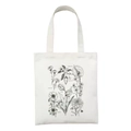 White canvas tote bag with black vintage mushroom and floral botanical line art prints - Botanical Name Line Drawing (STD2-C)