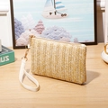 Portafoglio lungo in paglia intrecciata crema con cinturino da polso in pelle bianca - Beige