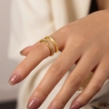 Double-layered golden copper rings featuring geometric engravings and diamond accents - Gold Multi-color (A711)
