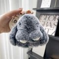 Cute grey faux rabbit fur bunny keychain with white leather feet and metallic ring - 10cm Bunny / Frost Black
