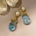 French vintage earrings with blue dried flowers in amber resin and white pearls - Water Drop Resin Dried Flower