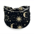 Bohemian elastic wide headband with gold sun moon and star print on black soft fabric - Black Celestial