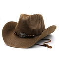 Detail of dark brown straw cowboy hat with leather band and vintage bull head emblem - Coffee
