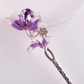 Close-up of purple flower hair pin with teardrop crystal and pearl detail - Rose Gold Purple Enamel Flower Pearl (FZ029)