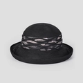 Detail of black woven sun hat with circular crown and textured pink-black decorative band - M(56-58cm) / Black