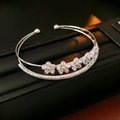 Close-up of silver zircon flower double-layer open bangle with polished crystal petals - Five Flower Style (6# Bangle-Silver-Five Flowers)
