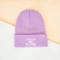Lavender knit beanie with white Leave Me Alone embroidery on a minimalist background - One Size / Purple