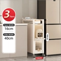 Narrow 3-tier cream kitchen storage cart with glass doors and wheels, 16cm width - Pull-out 3-Tier Kitchen Storage Rack / Cream