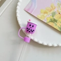 Reusable straw with purple bubble tea cup silicone dust cap for Stanley tumblers - Milk Tea Cup-Purple / 10mm
