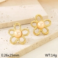 French style 18K gold stainless steel flower earrings with pink pearl in 26x25mm size - Style K Hollow Pearl Flower (KE115786-GC)