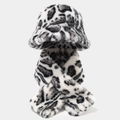 Detail of leopard print faux fur bucket hat and scarf set with soft plush texture - White Large Leopard Print Hat & Scarf Set