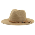Close-up of straw fedora with brown woven leather band, metal buckle and silver tassels - M (56-58cm) / Khaki