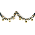Close-up of a 2m snowy Christmas garland with gold bows and ornaments for tree decoration - Dark Green White Edge + 6 Gold Balls + 12 Gold Bows