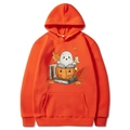 Orange Halloween hoodie with cartoon ghost and pumpkin illustration on chest - Orange