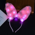 Pink plush LED cat ear headband with glowing lights and power switch for girls - Bunny Ear Headband / New Pink + Pink Light