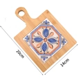 Square wood and ceramic coaster with blue floral tile pattern and handle 20x14cm - Bamboo Wood Style 5