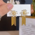 Detail view of gold tassel earrings with pearls and crystals on a white display card - 20# Gold Radiative Flower Cluster Tassel Style (HE30247)