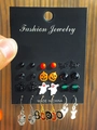 9-pair Halloween earring set featuring pumpkins, ghosts, and spiders on a card display - Pumpkin Spider Ghost Large Set Style (8070)