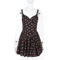 Zomerjurk met kersenprint, V-hals, mouwloze kanten cups en een uitlopende rok in het zwart - S / Zwart