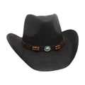 Black woven cowboy hat with brown leather band and turquoise stone accent decoration - One Size / Black (Wood Beads Blue Stone)