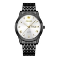 Macro detail of ORUSS black steel watch with silver dial, gold crown, and dual calendar - Black Steel Band White Dial
