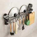 50cm wall-mounted kitchen storage rack with 10 hooks for utensils and pot lids - Single Bar 50cm/10 Hooks/Gun Grey