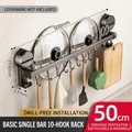 50cm wall-mounted kitchen storage rack with 10 hooks for utensils and pot lids - Single Bar 50cm/10 Hooks/Gun Grey