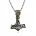 Collar colgante martillo de Thor vikingo en acero inoxidable bicolor plata y oro acabado - Cadena de Eslabones Estilo Perla / Bicolor Oro y Plata