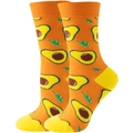 Funny mid-calf cotton socks in orange featuring green avocado and leaf patterns - Yellow Avocado