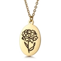 Golden stainless steel oval pendant necklace with minimalist flower engraving design - January Carnation (KN227546-Z)