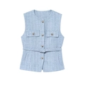 Light blue tweed vest with metallic buttons and matching belt for a chic look - S / Tops / Sky Blue