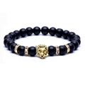 Matte black volcanic lava rock beaded bracelet featuring a golden lion head charm - Lion Head (Reinforced Stones) / Matte Black / Gold