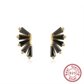 925 silver fan-shaped stud earrings featuring black rectangular stones in gold plating - APE08-Gold Black Radial Fan