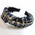 Blue and white tweed plaid knotted headband for women with elegant checkered fabric - Blue Beige Tweed Plaid