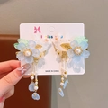 Traditional blue and pink flower hair clips with pearl tassels for girls Hanfu dresses - Swallow Blue