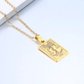 Close-up of golden rectangular Libra pendant necklace with sunburst and olive branch details - Libra / Gold