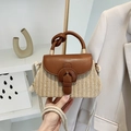 Summer woven straw square handbag with brown leather flap and knotted handle detail - Brown