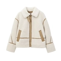 Giacca in pile da donna crema con finiture in ecopelle marrone e colletto - XS / Albicocca
