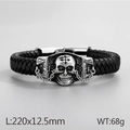 Men's black braided leather bracelet with vintage silver skull and chain detail - Silver Chain Skull (KB44126-D)