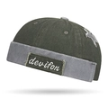 Olive green and grey patchwork brimless docker hat with vintage embroidery patches - Adjustable / Dark Green