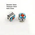 Ethnische quadratische Perlen aus Tibet Silber mit Türkis Inlay und Mantra Gravur - Quadratischer Eingelegter Stil / A-1 Silber Quadratisch
