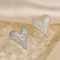 Elegant silver heart stud earrings with sparkling pave zircon on silk background - Heart Full Rhinestone / Silver (45283)