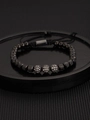 Titanium steel crown bracelet with black beads, pave zircon spheres, and woven cord - Black Triple Zirconia Ball Bracelet
