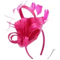 Detail view of rose pink fascinator with feathers, satin ribbons and hair clip base - Rose Red