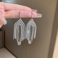 Silver drop earrings with tiered geometric arches and shimmering rhinestone tassels - 37# Earring Hook - White Triangle Tassel
