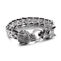 Herenarmband van gevlochten leer met zilveren dubbele wolfskoppen en sluiting - 19cm