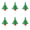 Set of 6 green glitter Christmas tree cake toppers with red bows and wooden sticks - Green Glitter