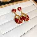 Detailed macro view of retro gold and burgundy enamel drop earrings on white tray - 25# Silver Needle - Red - Geometric