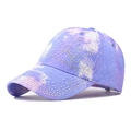 Detail of lavender tie-dye baseball cap with sparkling rhinestone bear design - Adjustable / Little Bear Blue