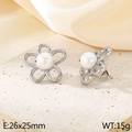 Silver flower stud earrings with white pearl center on soft silk background - 26x25mm / Steel/White Pearl (KE115689-GC)